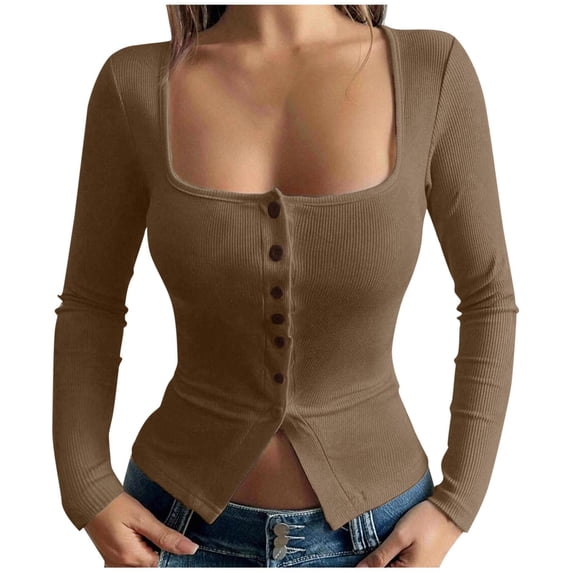 Lenpel Women's Crop Tops Long Sleeve Square Neck Button down Slim Ribbed Knit Shirts Soft Casual Blouses Going out Tops(Brown,XX-Large)