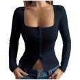 thumbnail image 1 of Lenpel Women's Crop Tops Long Sleeve Square Neck Button down Slim Ribbed Knit Shirts Soft Casual Blouses Going out Tops(Dark Blue,X-Large), 1 of 6