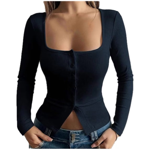 Lenpel Women's Crop Tops Long Sleeve Square Neck Button down Slim Ribbed Knit Shirts Soft Casual Blouses Going out Tops(Dark Blue,X-Large)