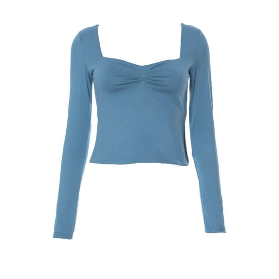 Lenpel Women's Crop Tops Long Sleeve Square Neck Ruched Side Split Slim T-Shirts Cropped Tee Blouses Going out Tops(Blue,Small)