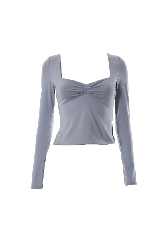 Women's Crop Tops Long Sleeve Square Neck Ruched Side Split Slim T-Shirts Cropped Tee Blouses Going out Tops(Gray,Medium)