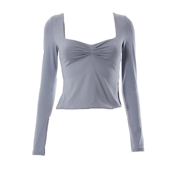 Lenpel Women's Crop Tops Long Sleeve Square Neck Ruched Side Split Slim T-Shirts Cropped Tee Blouses Going out Tops(Gray,X-Small)
