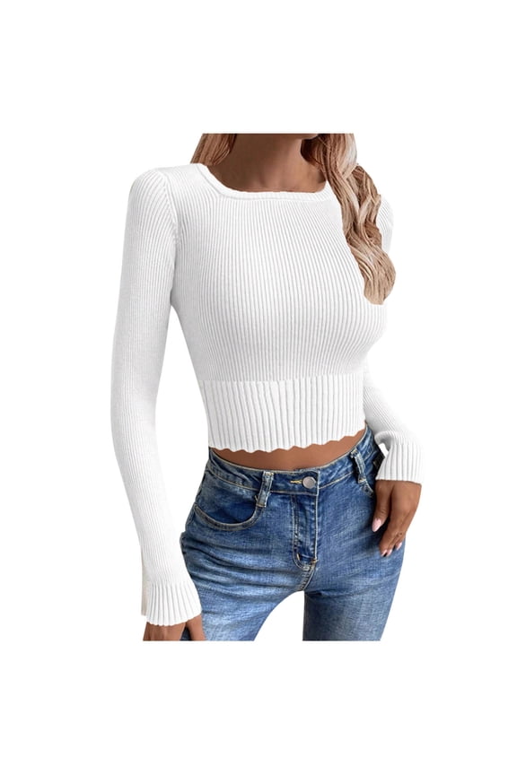 Women's Crop Tops Ribbed Knit Long Sleeve Square Neck Solid Color Slim Lightweight Sweaters Soft Casual Blouses(White,Large)