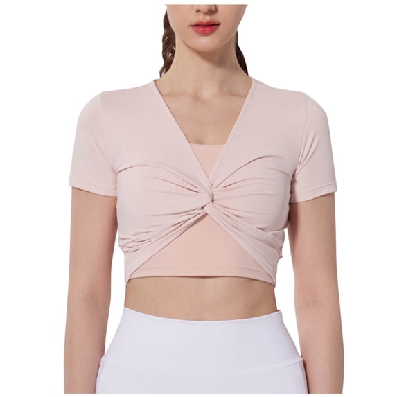 Lenpel Women's Crop Workout Tops Casual Short Sleeve V Neck Twist Front Running Yoga T-Shirts Cropped Athletic Shirts