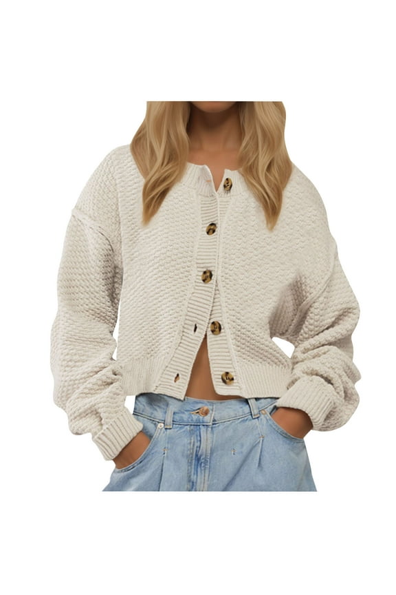 Women's Cropped Cardigan Sweaters Casual Long Sleeve Crew Neck Chunky Knit Sweater Coats Loose Outwear Sweaters(Beige,X-Large)