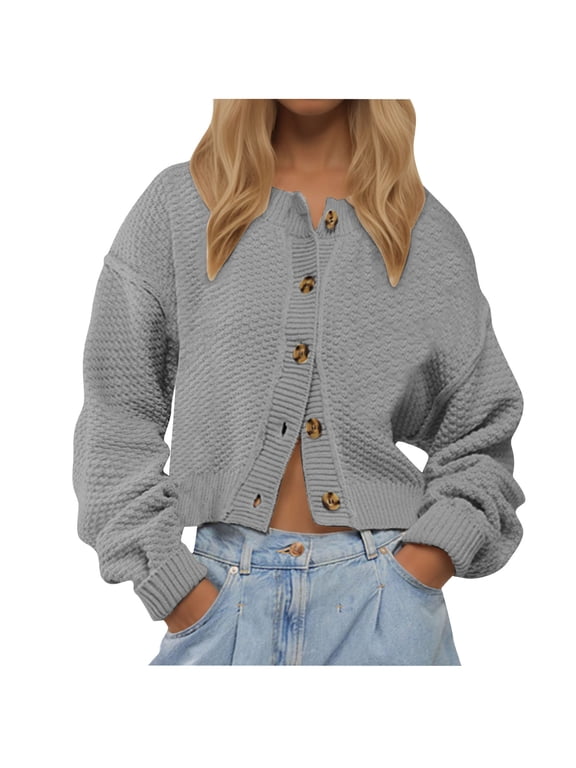 Women's Cropped Cardigan Sweaters Casual Long Sleeve Crew Neck Chunky Knit Sweater Coats Loose Outwear Sweaters(Gray,Small)