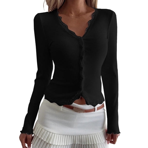 Lenpel Women's Cropped Cardigans Long Sleeve V Neck Lace Trim Ribbed Knit Slim Button down Shirts Going out Tops(Black,Large)