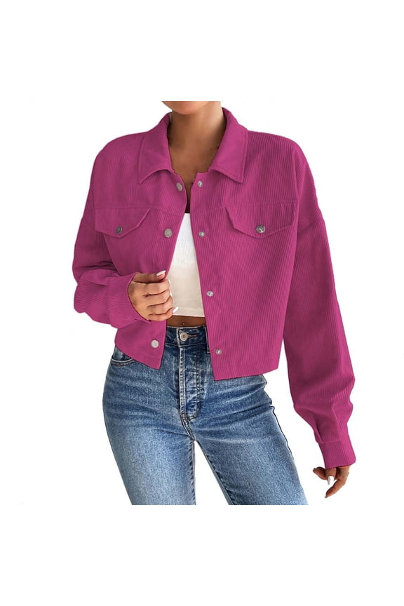 Women's Cropped Shacket Jacket Lightweight Long Sleeve Button down Corduroy Coat Fashion Outwear