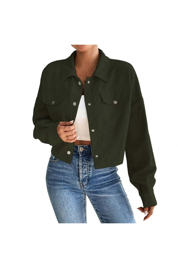 Women's Cropped Shacket Jacket Lightweight Long Sleeve Button down Corduroy Coat Fashion Outwear