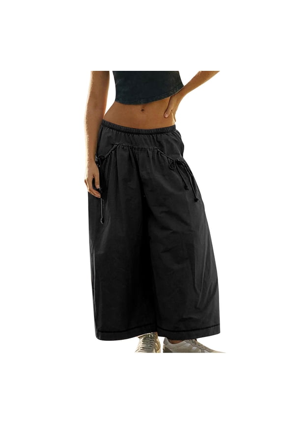 Women's Culottes Trendy Elastic Waist Cropped Wide Leg Pants with Pockets Athletic Casual Palazzo Trousers