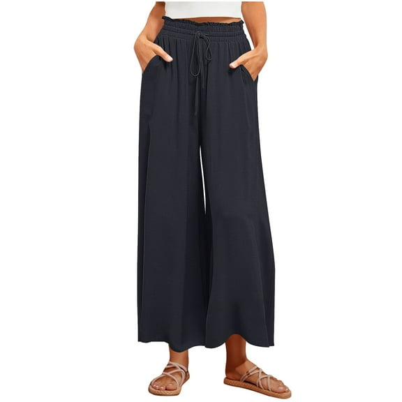 Lenpel Women's Culottes Pants Elastic High Waisted Drawstring Wide Leg Lounge Pants Casual Palazzo Trousers with Pockets