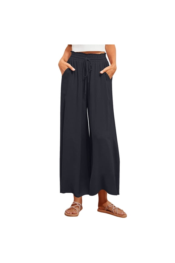 Women's Culottes Pants Elastic High Waisted Drawstring Wide Leg Lounge Pants Casual Palazzo Trousers with Pockets
