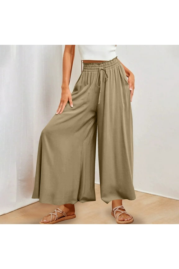 Women's Culottes Pants Elastic High Waisted Drawstring Wide Leg Lounge Pants Casual Palazzo Trousers with Pockets
