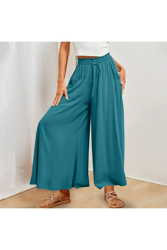 Women's Culottes Pants Elastic High Waisted Drawstring Wide Leg Lounge Pants Casual Palazzo Trousers with Pockets