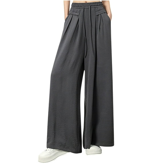 Lenpel Women's Culottes Pants Flowy Elastic High Rise Drawstring Casual Trousers Soft Lounge Palazzo Beach Pants