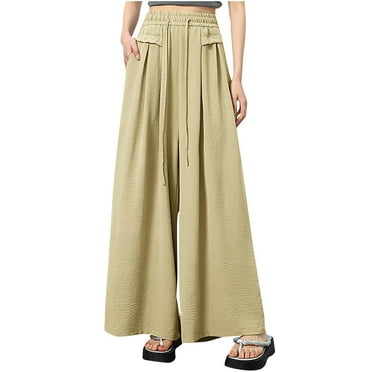 Lenpel Women's Culottes Pants Flowy Elastic High Rise Drawstring Casual Trousers Soft Lounge Palazzo Beach Pants
