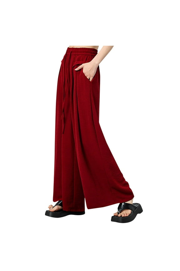 Women's Culottes Pants Flowy Elastic High Rise Drawstring Casual Trousers Soft Lounge Palazzo Beach Pants