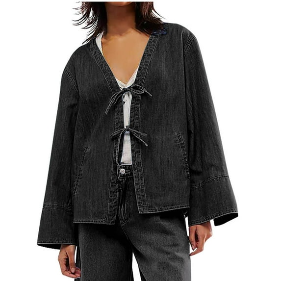 Lenpel Women's Denim Jacket Fall Fashion Long Sleeve Tie Front Jean Shacket Loose Casual Coat with Pocket
