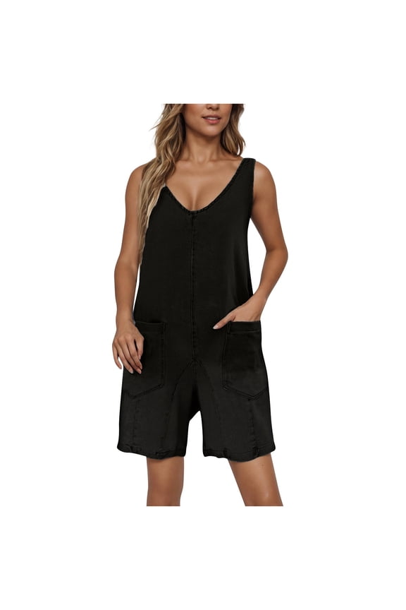 Women's Denim Rompers Trendy Sleeveless V Neck Adjustable Strap Backless Summer Jumpsuits Loose Casual Overall Shorts