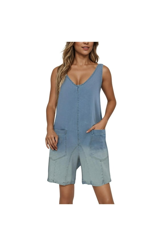 Women's Denim Rompers Trendy Sleeveless V Neck Adjustable Strap Backless Summer Jumpsuits Loose Casual Overall Shorts