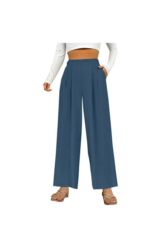 Women's Dress Pants Elastic High Waisted Pleated Pull on Wide Leg Work Pants Business Casual Trousers with Pockets