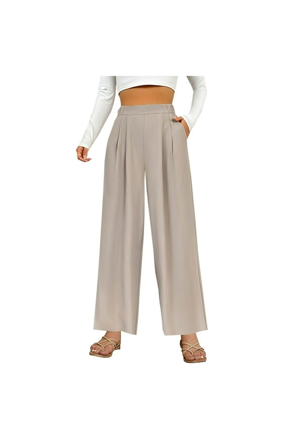 Women's Dress Pants Elastic High Waisted Pleated Pull on Wide Leg Work Pants Business Casual Trousers with Pockets