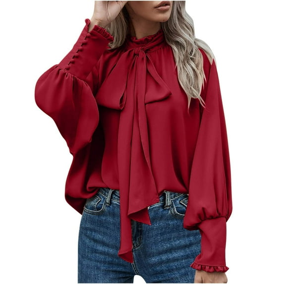 Lenpel Women's Dressy Casual Chiffon Tops Elegant Bow Tie Mock Neck Long Sleeve Shirts Trendy Loose Pullover Blouses