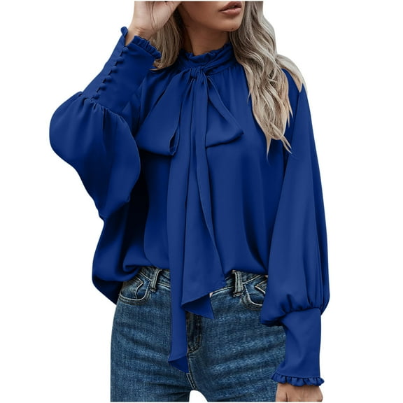 Lenpel Women's Dressy Casual Chiffon Tops Elegant Bow Tie Mock Neck Long Sleeve Shirts Trendy Loose Pullover Blouses