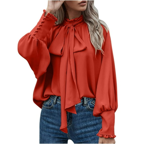 Lenpel Women's Dressy Casual Chiffon Tops Elegant Bow Tie Mock Neck Long Sleeve Shirts Trendy Loose Pullover Blouses