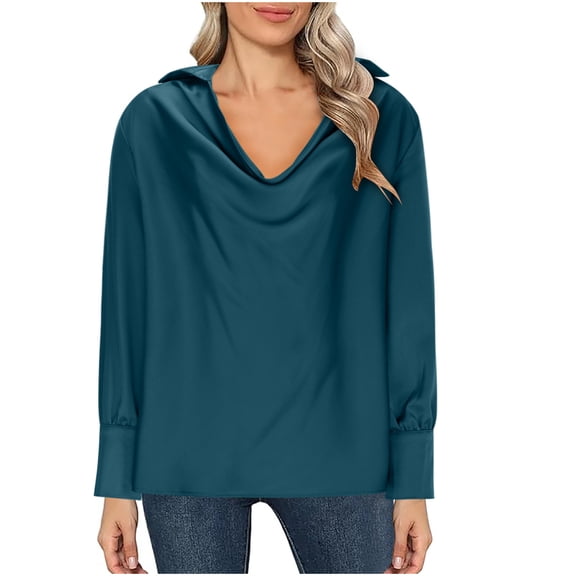 Lenpel Women's Fall Fashion Tops Long Sleeve V Neck Lapel Solid Color Oversized Shirts Casual Loose Blouses