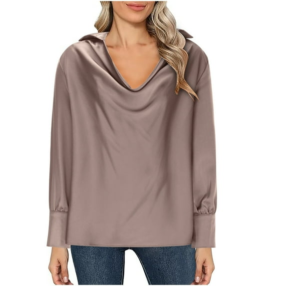 Lenpel Women's Fall Fashion Tops Long Sleeve V Neck Lapel Solid Color Oversized Shirts Casual Loose Blouses