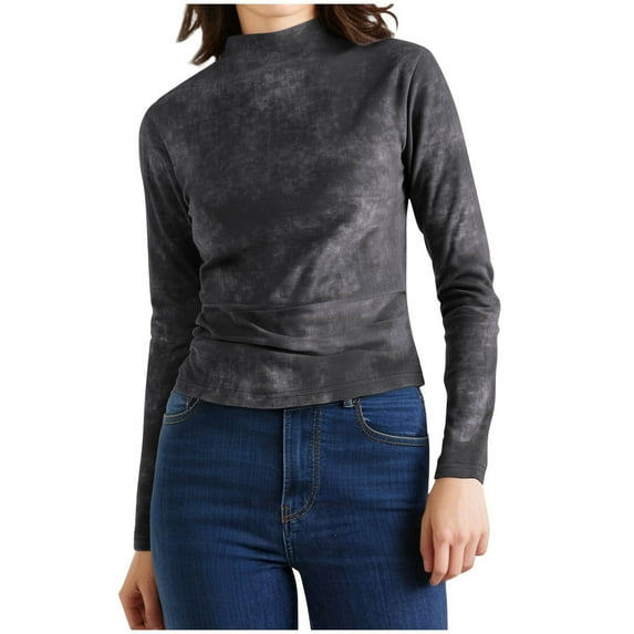 Lenpel Women's Fall Fashion Tops Tie Dye Mock Neck Long Sleeve Slim Basic Shirts Tight Casual Tees