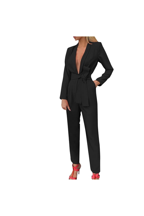 Women's Fall Jumpsuits V Neck Long Sleeve Belted Dressy Romper Outfits Fashion Elegant Rompers