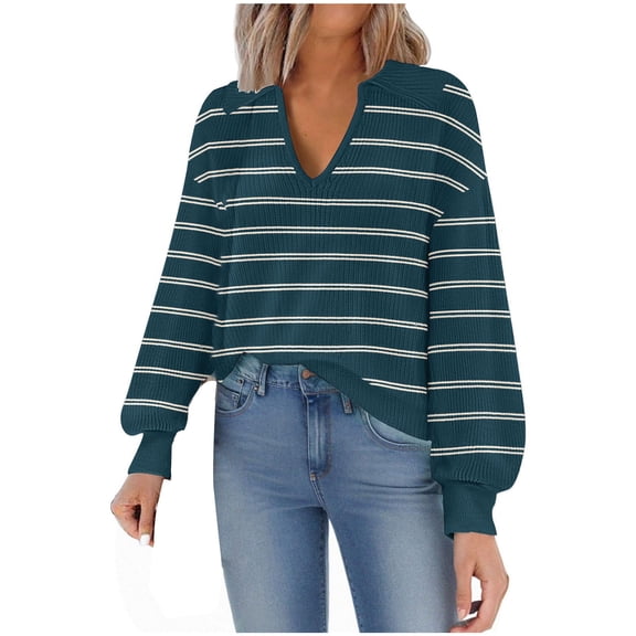 Lenpel Women's Fall Striped Sweaters Long Sleeve V Neck Lapel Soft Knit Pullover Tops Loose Casual Sweatshirts