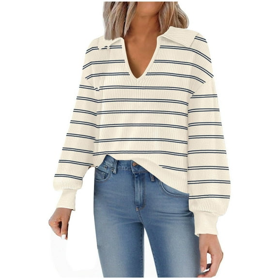 Lenpel Women's Fall Striped Sweaters Long Sleeve V Neck Lapel Soft Knit Pullover Tops Loose Casual Sweatshirts
