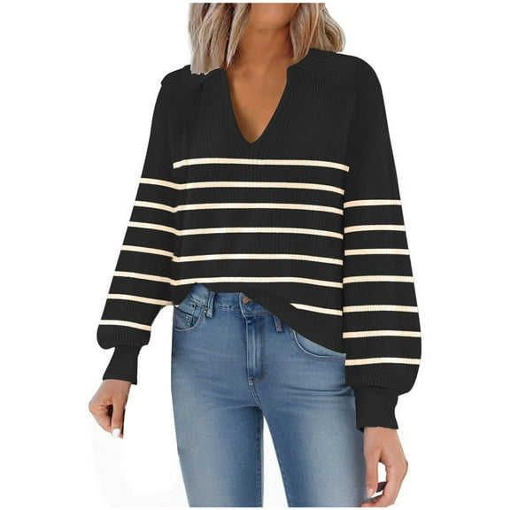 Lenpel Women's Fall Striped Sweaters Long Sleeve V Neck Lapel Soft Knit Pullover Tops Loose Casual Sweatshirts