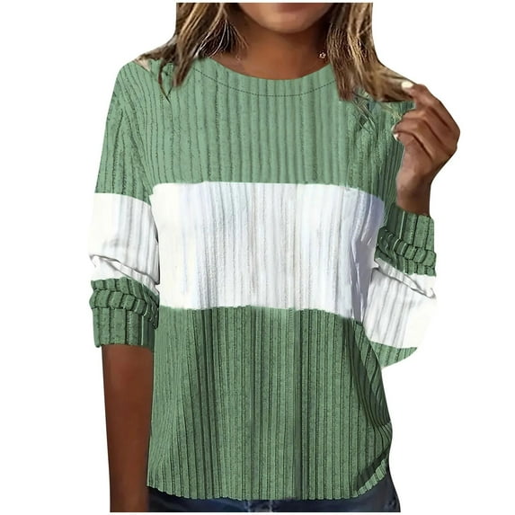 Lenpel Women's Fall Sweaters Casual Crew Neck Long Sleeve Color Block Ribbed Knit Pullover Tops Soft Warm Shirts