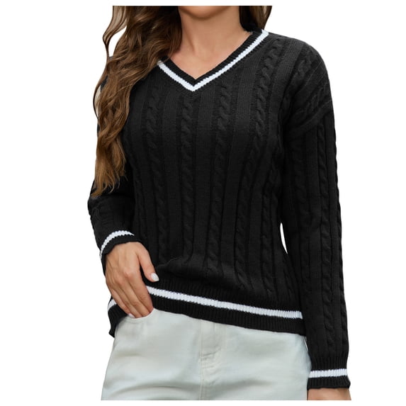 Lenpel Women's Fall Sweaters Trendy V Neck Long Sleeve Cable Knit Pullover Tops Soft Comfy Tunic Blouses