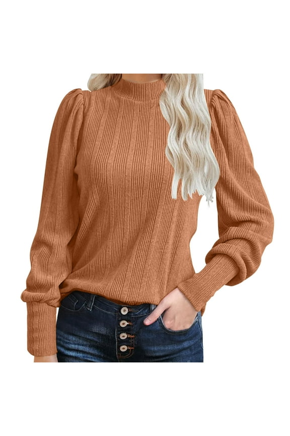 Women's Fall Tops Fashion Mock Neck Puff Long Sleeve Solid Casual Knit Tunic Shirts Soft Pullover Sweaters