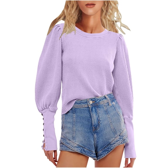Lenpel Women's Fall Tops Trendy Button Long Sleeve Crew Neck Solid Color Texture Shirts Casual Tunic Blouses
