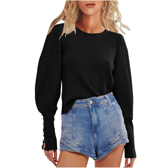 Lenpel Women's Fall Tops Trendy Button Long Sleeve Crew Neck Solid Color Texture Shirts Casual Tunic Blouses