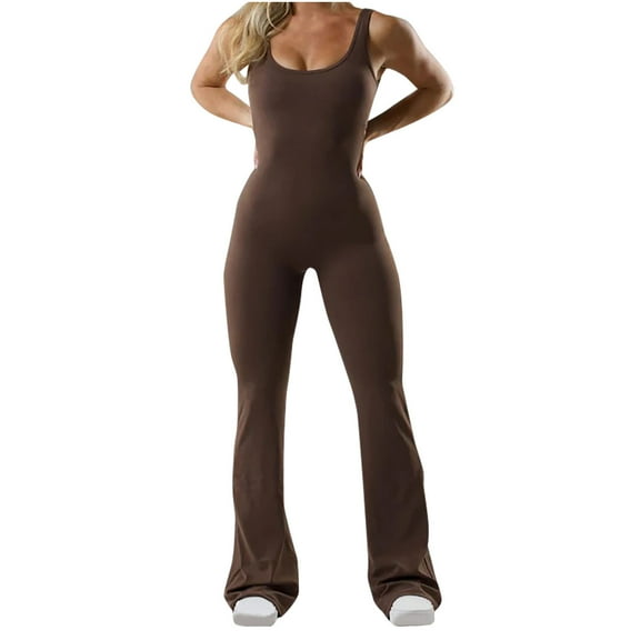 Lenpel Women's Flare Jumpsuits Sleeveless Suqare Neck Crunch Butt Backless Bell Bottom Yoga Rompers Bootcut Workout Bodysuits