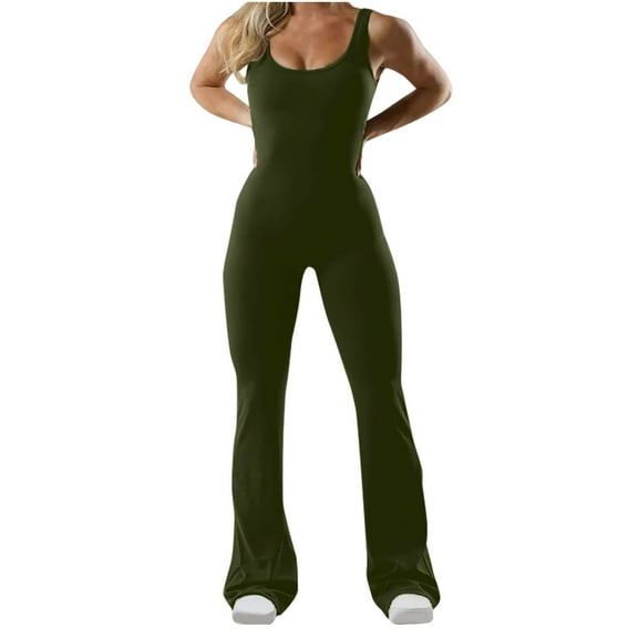 Lenpel Women's Flare Jumpsuits Sleeveless Suqare Neck Crunch Butt Backless Bell Bottom Yoga Rompers Bootcut Workout Bodysuits