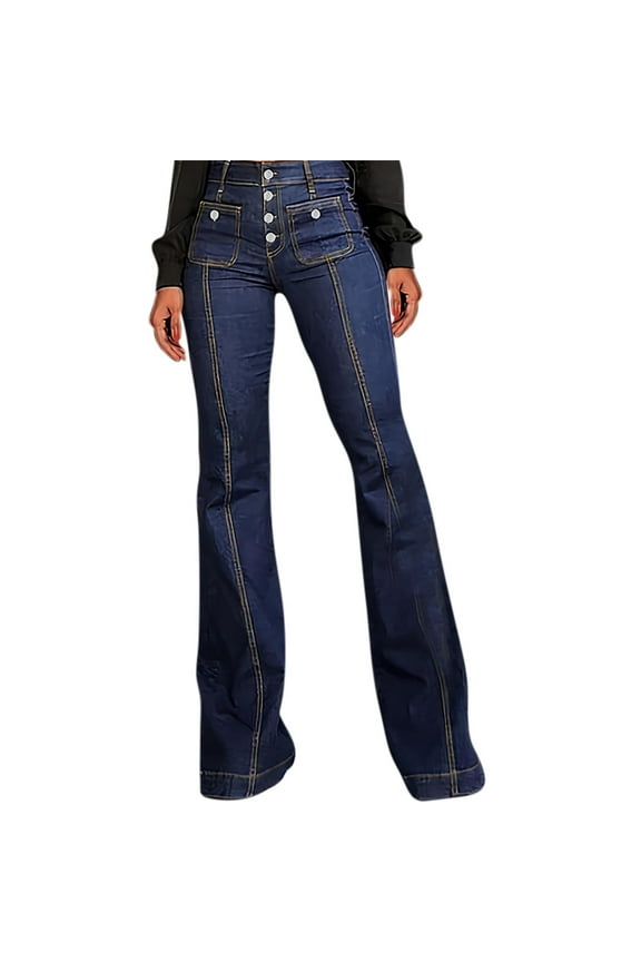 Women's Flared Jeans Trendy for High Waisted Bell Bottom Denim Pants Pockets Front Button Bootcut Jeans