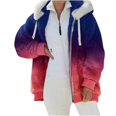Lenpel Women's Fleece Hooded Jackets 2025 Winter Warm Long Sleeve Zip up Gradient Fuzzy Coats Fashion Plush Outwear