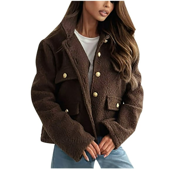Lenpel Women's Fleece Jacket Fashion Long Sleeve V Neck Lapel Button down Fuzzy Coat Winter Warm Outwear