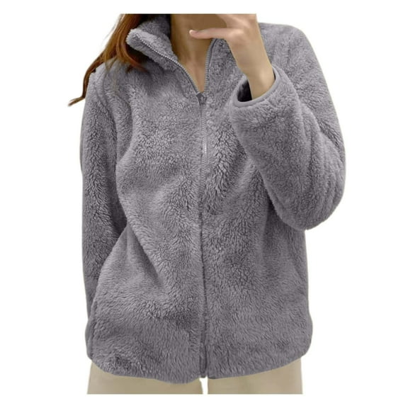 Lenpel Women's Fleece Jacket Soft Warm Long Sleeve Zip up Stand Collar Solid Color Fuzzy Coat Fall Winter Outwear