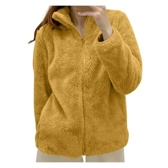 Lenpel Women's Fleece Jacket Soft Warm Long Sleeve Zip up Stand Collar Solid Color Fuzzy Coat Fall Winter Outwear