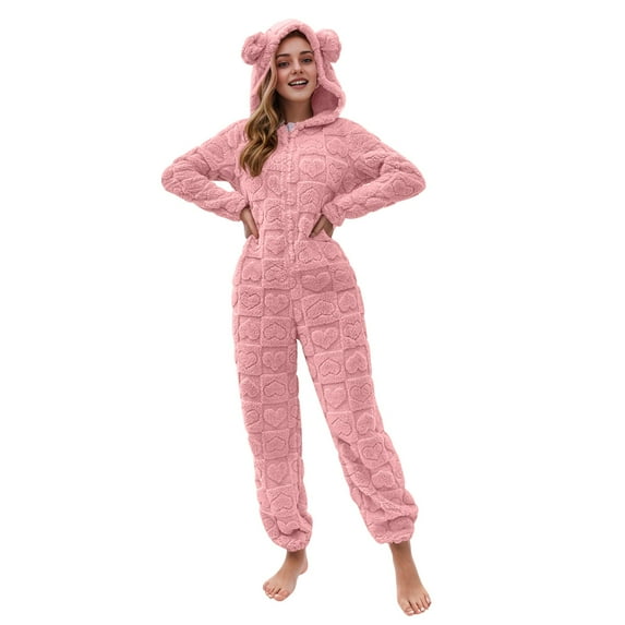 Lenpel Women's Fleece Jumpsuits Winter Warm Long Sleeve Zip up Hooded Fuzzy Romper Cute Plush Pajama Overalls