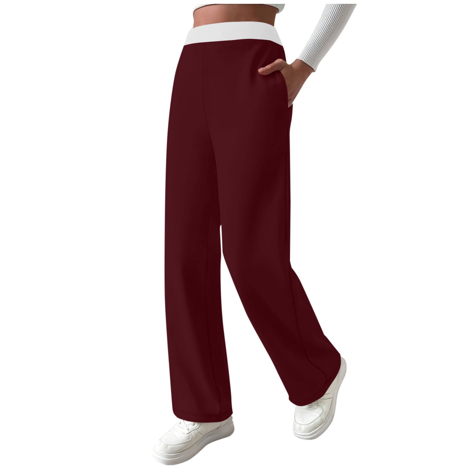 Women's Fleece Lined Sweatpants Elastic High Waisted Color Block Wide Leg Lounge Pants Soft Warm Casual Trousers(Wine,X-Large)